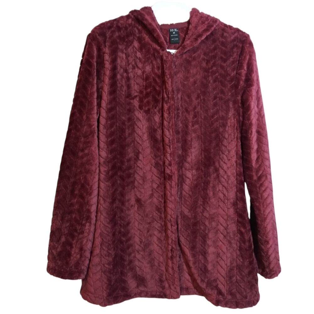 HUE Soft Plush Sherpa Zip Hooded Burgundy Cabernet Jacket Size M